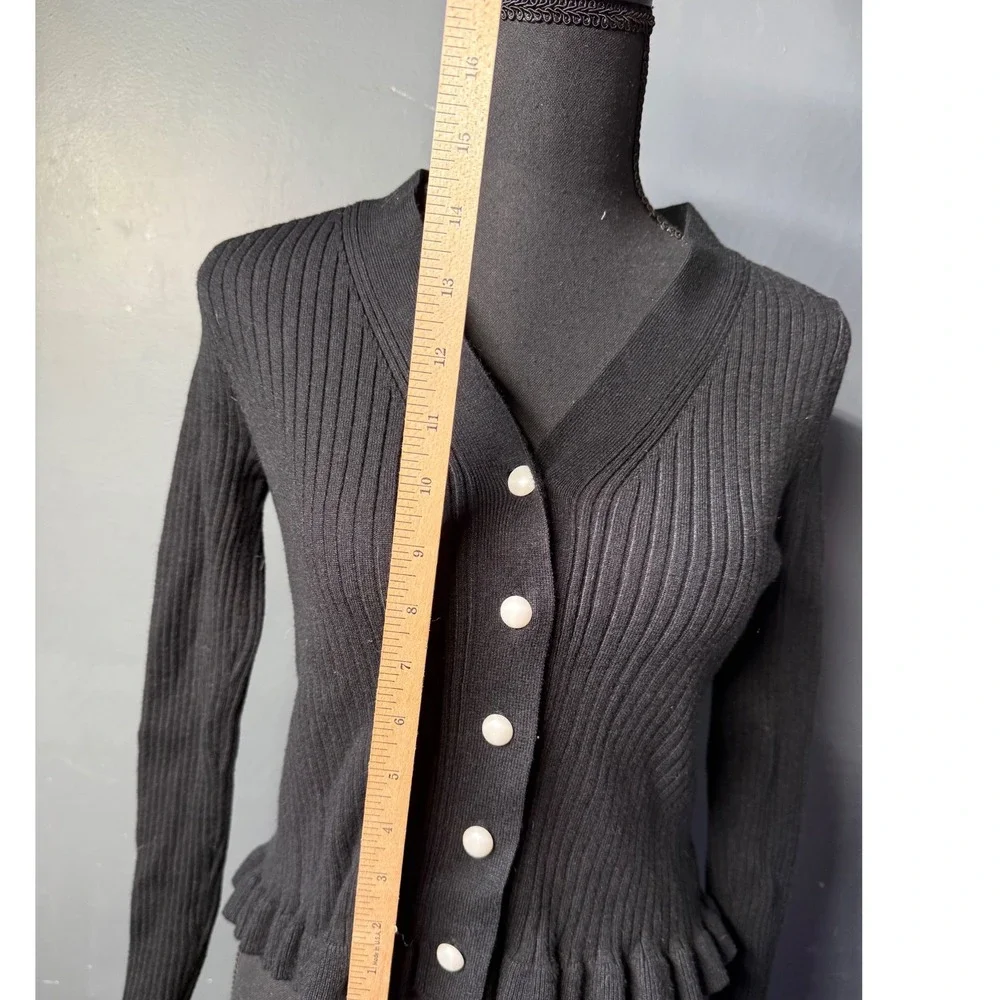 Commense Black Ribbed Peplum Cardigan Ruffle Cuff Button Front V-Neck Large - Picture 8 of 8